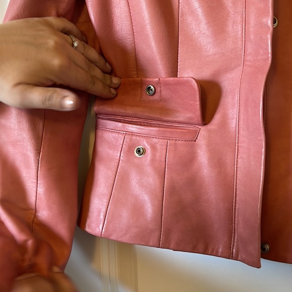 Danier pink leather jacket.  Lightly worn.    Marks as detailed in photos.  XS - Picture 3 of 9